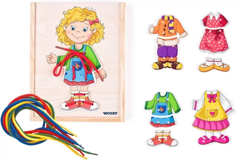 Drewniana układanka Dziewczynka do przebierania Przeplatanka 90017 Woody - tantis.pl