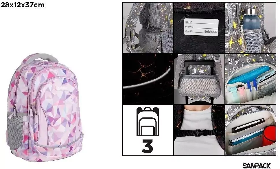 Plecak trzykomorowy geometryczny lawenda 28x12x37 - tantis.pl