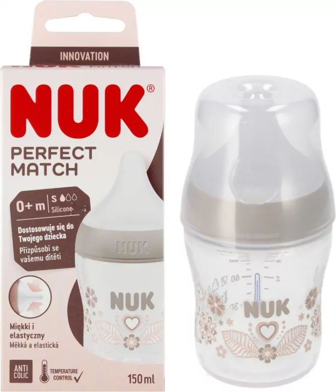 NUK. Perfect Match. Butelka z silikonowym smoczkiem. 150 ml. Serca - tantis.pl
