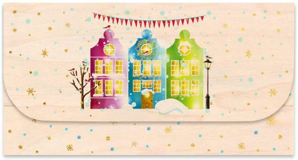 Koperta upominkowa drewniana. Święta, domki - tantis.pl