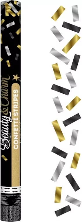 Konfetti pneumatyczne B&C złoto - srebrno- czarne / foliowe 60cm - tantis.pl