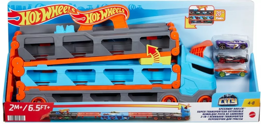 Hot Wheels Wyścigowy transporter 2w1 + 3 auta - tantis.pl