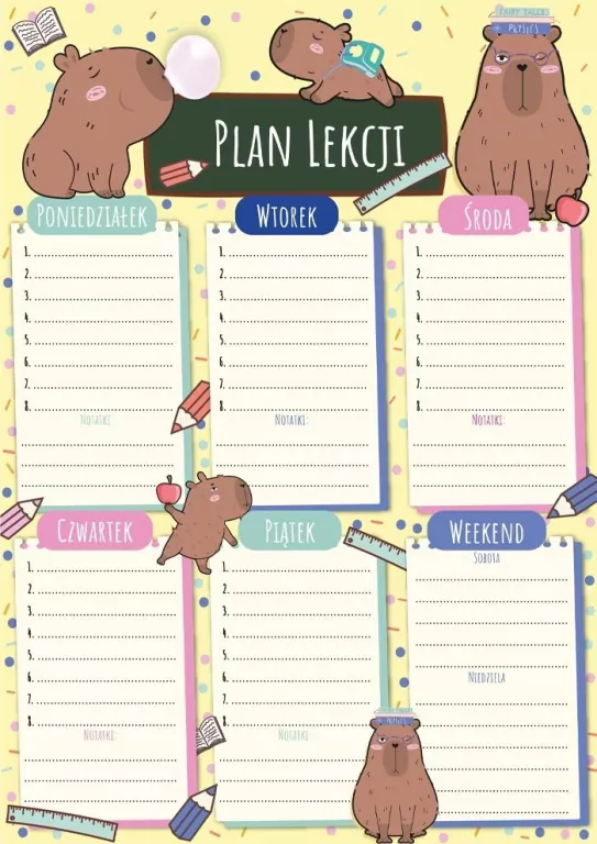 Plan lekcji z tabliczką mnożenia A4 Kapibary edu - tantis.pl