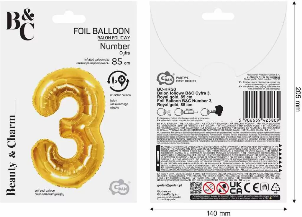 Balon foliowy B&C 3 Royal gold 85cm - tantis.pl