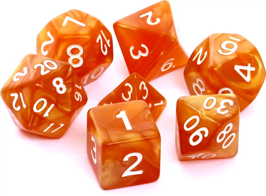 Komplet kości RPG. Ciemnożółte (białe cyfry). Perłowe. REBEL - tantis.pl