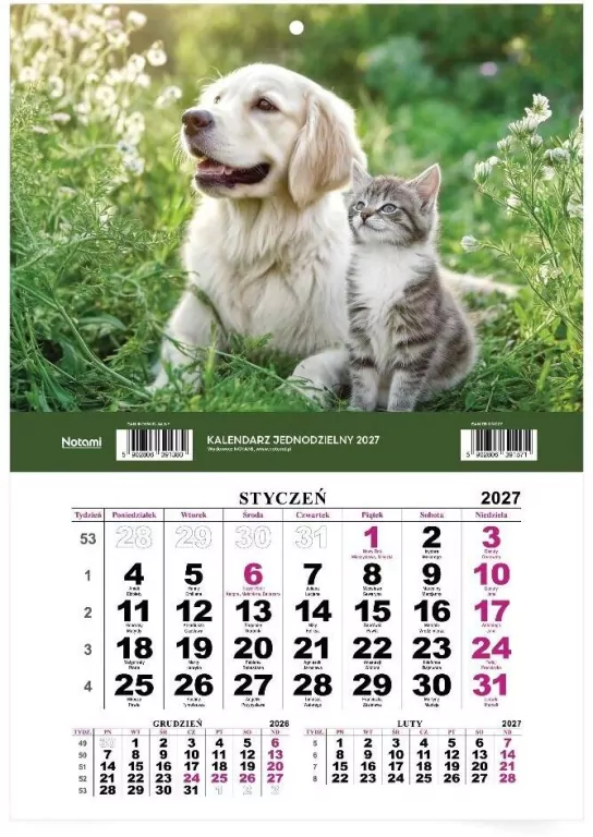 Kalendarz 2027 Jednodzielny ekonomiczny Pies i Kot - tantis.pl