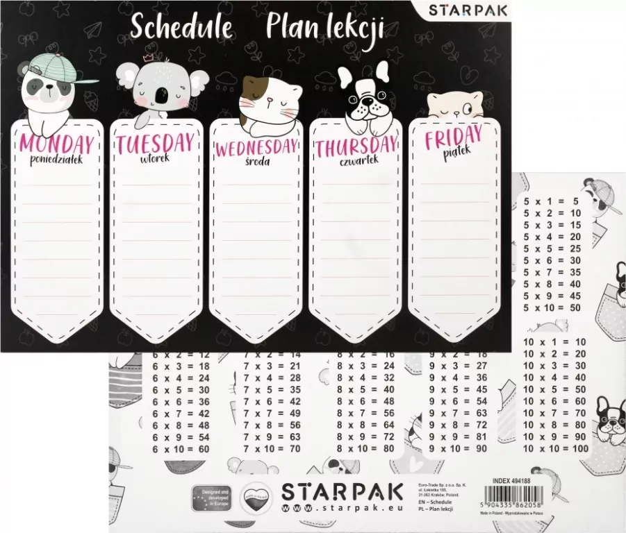 Plan lekcji z tabliczką mnożenia Minisy mix - tantis.pl