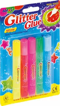 Klej Glitter Glue neonowy 5 kolorów blister AMOS - tantis.pl