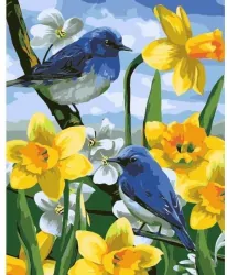 Malowanie po numerach - 40x50cm Ptaszki na żonkila