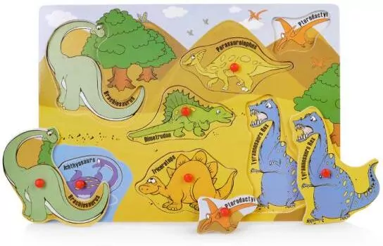 Układanka drewniana z pinezkami. Dinozaury