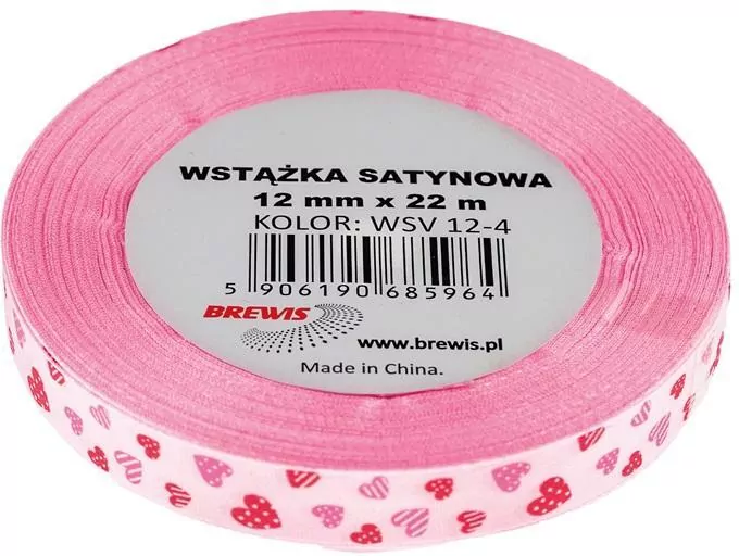 Wstążka satynowa w serca. Różowa 12mmx22m - tantis.pl