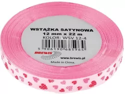 Wstążka satynowa w serca. Różowa 12mmx22m