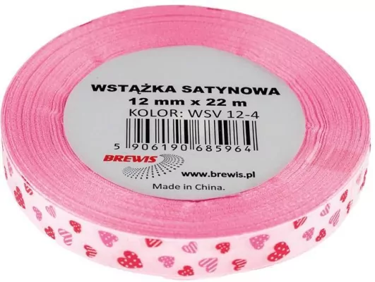Wstążka satynowa w serca. Różowa 12mmx22m