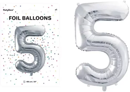 Balon foliowy cyfra 5 86cm srebrny - tantis.pl