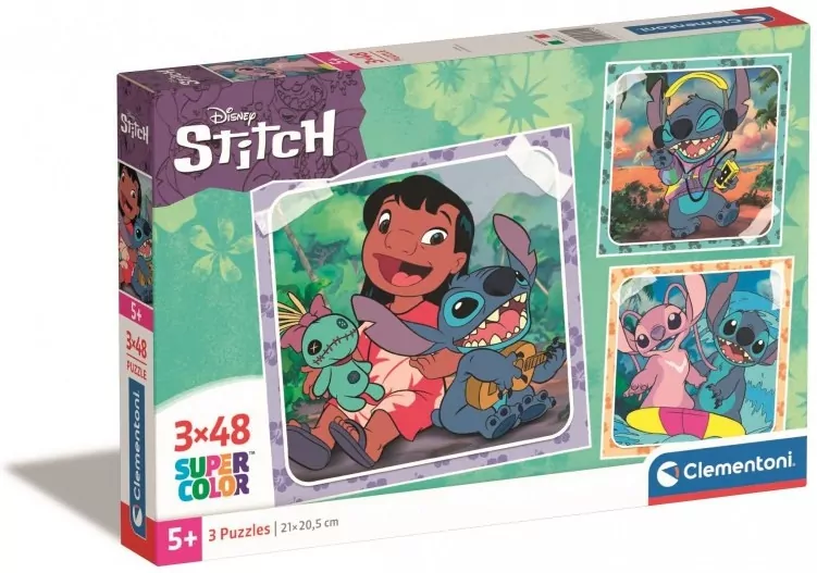 Clementoni. Puzzle 3x48. Super Kolor. Stitch - tantis.pl