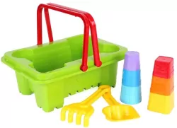 Zestaw do piasku piramidki, koszyk, grabki, łopatka