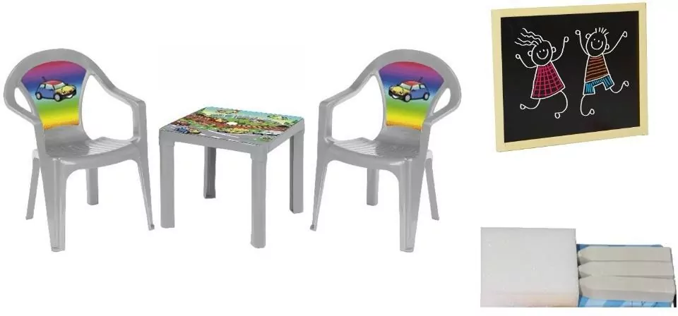 Stolik i dwa krzesła + tablica pastel szary - tantis.pl