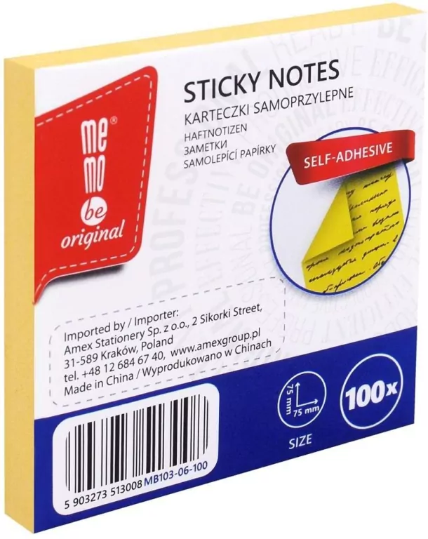 Bloczek samoprzylepny 75x75mm 100K żółty MemoBe - tantis.pl