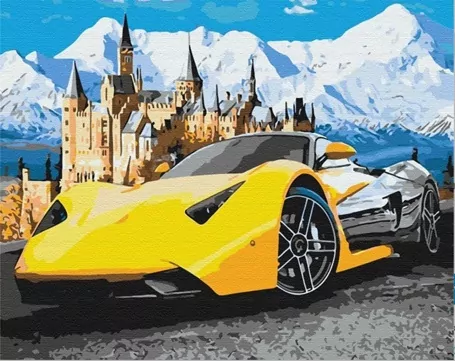 Diamentowa mozaika Auto sportowe żółte obok zamku w górach NO-1007745 - tantis.pl