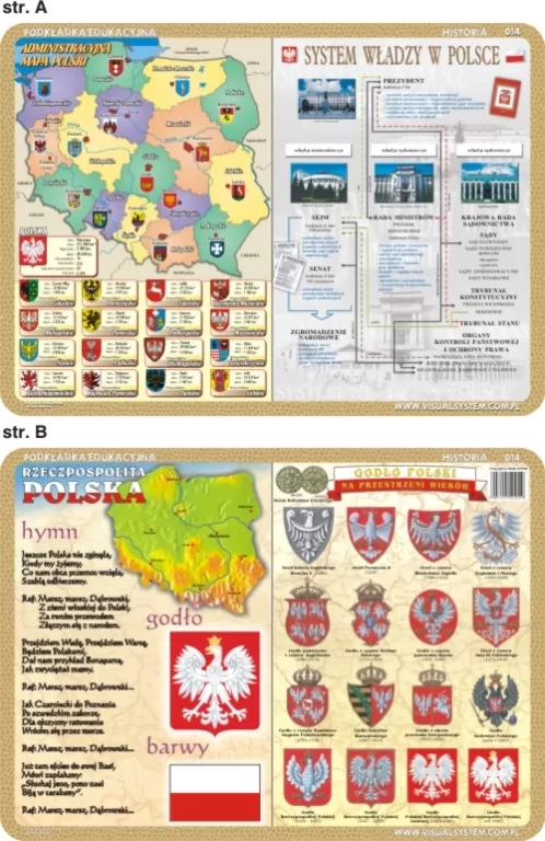 Podkładka edukacyjna. Polskie godło, barwy, hymn, admin. mapa Polski, system władzy w Polsce - tantis.pl