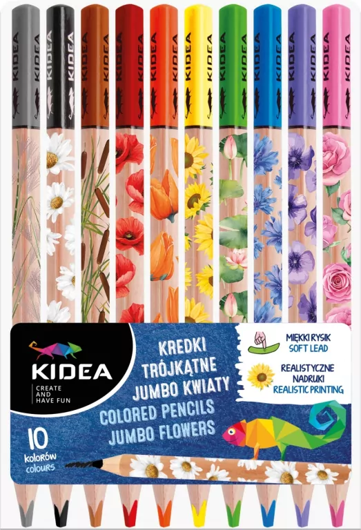 Kredki trójkątne jumbo Kwiaty 10 kolorów KIDEA - tantis.pl