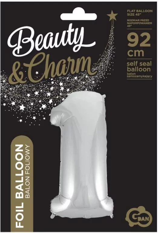 Balon foliowy cyfra 1 Beauty&Charm srebrna 92cm - tantis.pl