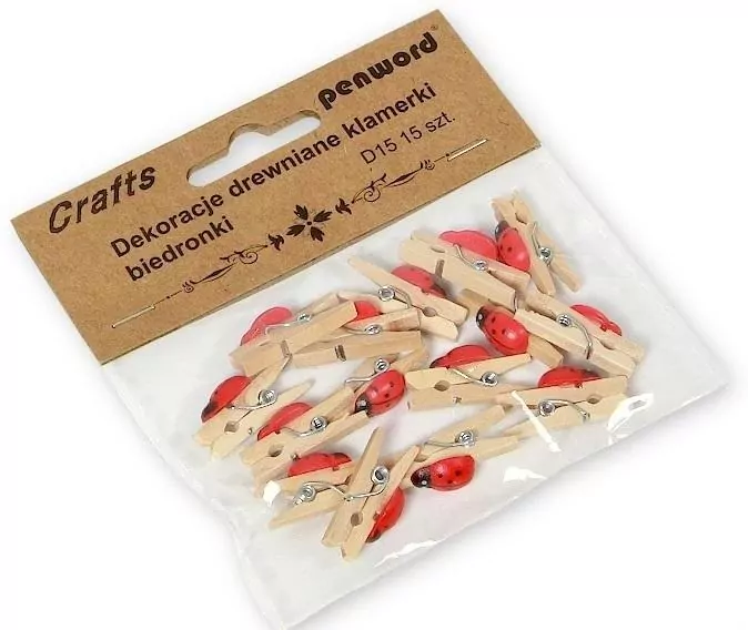 Dekoracje drewniane klamerki biedronki, 15 sztuk - tantis.pl