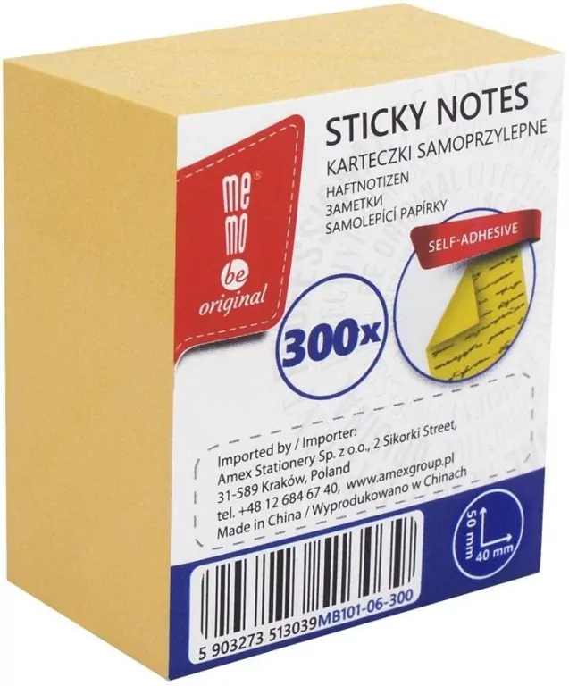 Bloczek samoprzylepny 40x50mm 300K żółty MemoBe - tantis.pl