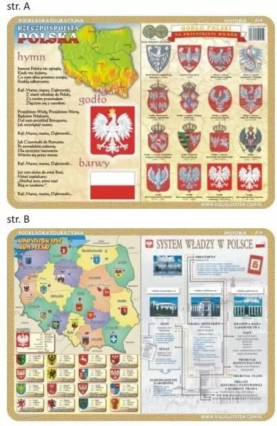 Podkładka edukacyjna. Polskie godło, barwy, hymn, admin. mapa Polski, system władzy w Polsce - tantis.pl