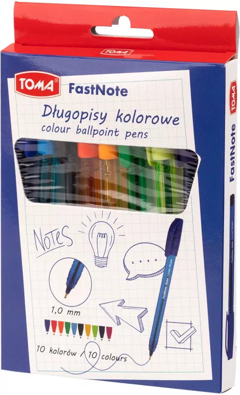 Długopisy Fast Note 1,0mm mix 10 kolorów TOMA - tantis.pl