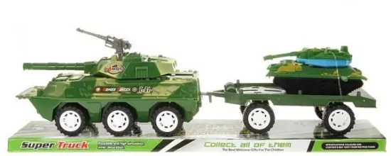 Pojazd wojskowy z przyczepą i czołgiem