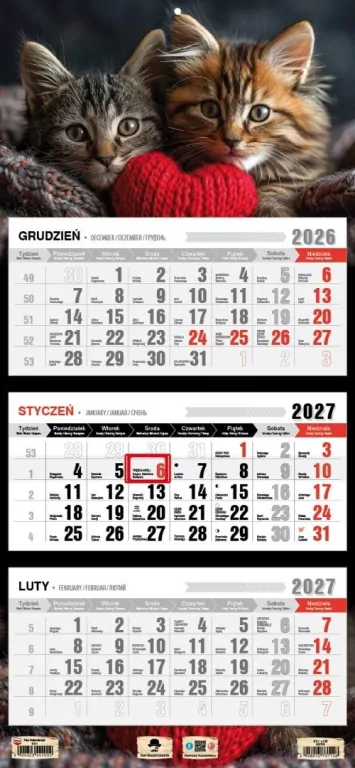 Kalendarz 2027 trójdzielny kotki - tantis.pl
