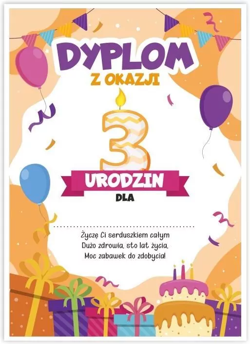 Dyplom A5 urodzinowy - trzecie urodziny - tantis.pl