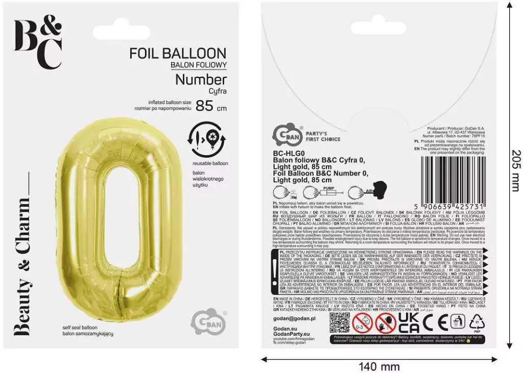 Balon foliowy B&C 0 Light gold 85cm - tantis.pl