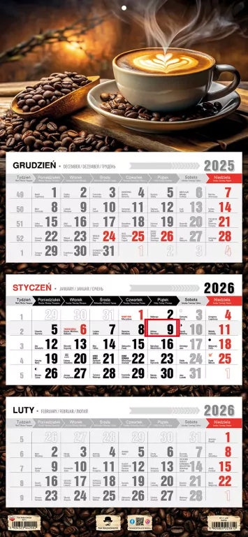 Kalendarz 2026 trójdzielny płaska główka kawa - tantis.pl