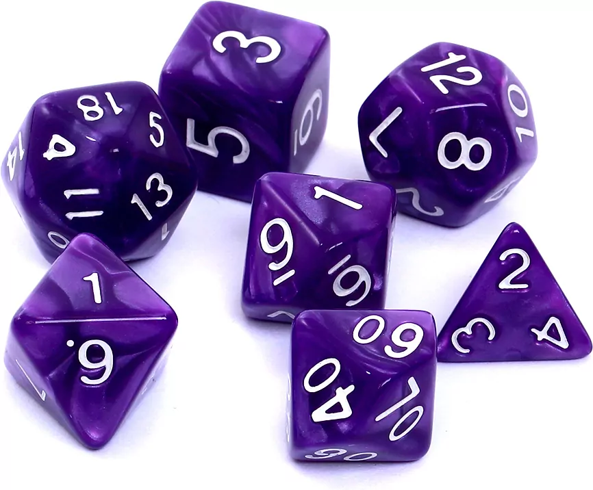 Komplet kości RPG. Fioletowe. Perłowe. REBEL - tantis.pl