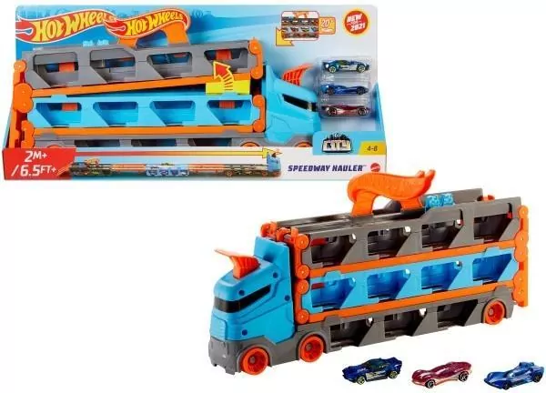 Hot Wheels Wyścigowy transporter 2w1 + 3 auta - tantis.pl