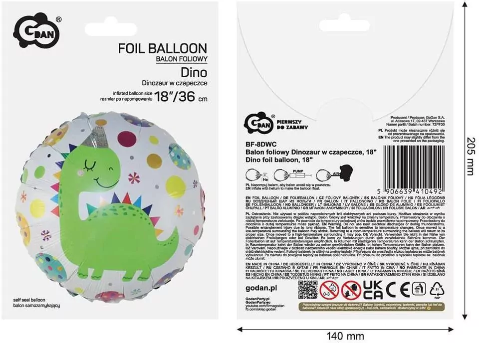 Balon foliowy Dinozaur w czapeczce 36cm - tantis.pl