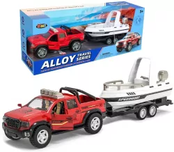 Auto terenowe metalowe z przyczepą i łodzią