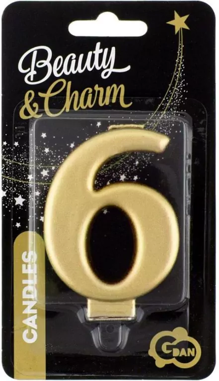 Świeczka cyferka 6 Beauty&Charm metalik złota 8cm - tantis.pl