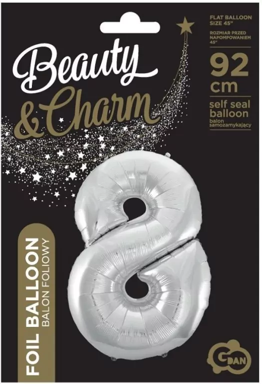 Balon foliowy cyfra 8 Beauty&Charm srebrna 92cm - tantis.pl