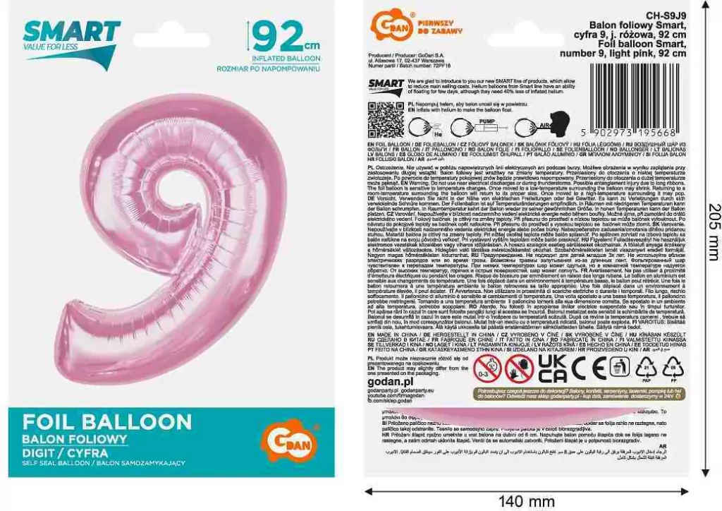 Balon foliowy cyfra 9 jasnoróżowa Smart 92cm - tantis.pl