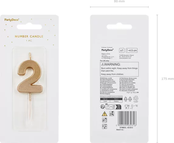 Świeczka urodzinowa 4,5cm. Cyfra 2. Złota - tantis.pl