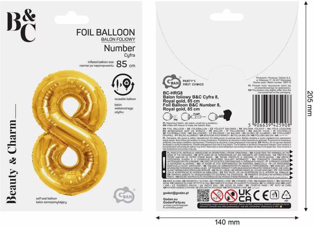 Balon foliowy B&C 8 Royal gold 85cm - tantis.pl