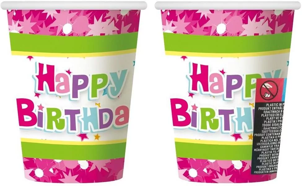 Kubeczki papierowe Happy Birthday róż 270ml 6szt - tantis.pl