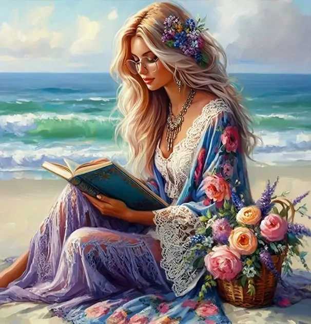 Diamentowa Mozaika Kobieta czytająca na wybrzeżu NO-2001851 - tantis.pl