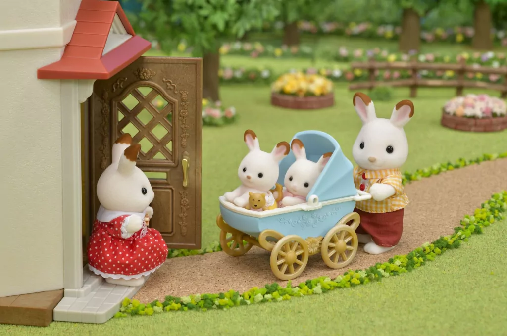 Zestaw wózek z bliźniakami królików z czekoladowymi uszkami. Sylvanian Families - tantis.pl