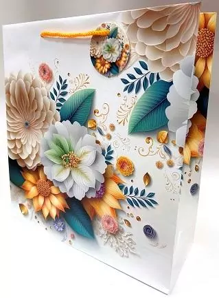 Torebka ozdobna matowa 35x37x12cm białe kwiaty - tantis.pl