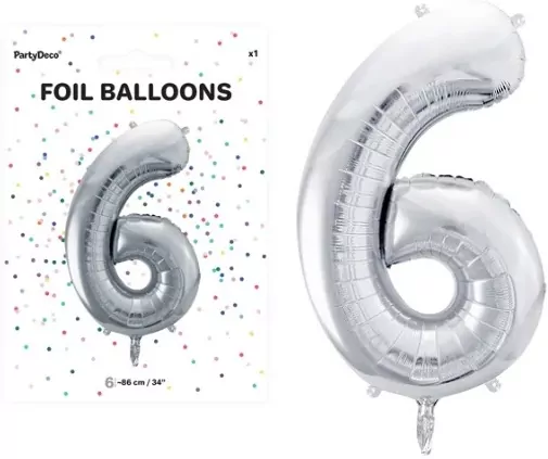 Balon foliowy cyfra 6 86cm srebrny - tantis.pl
