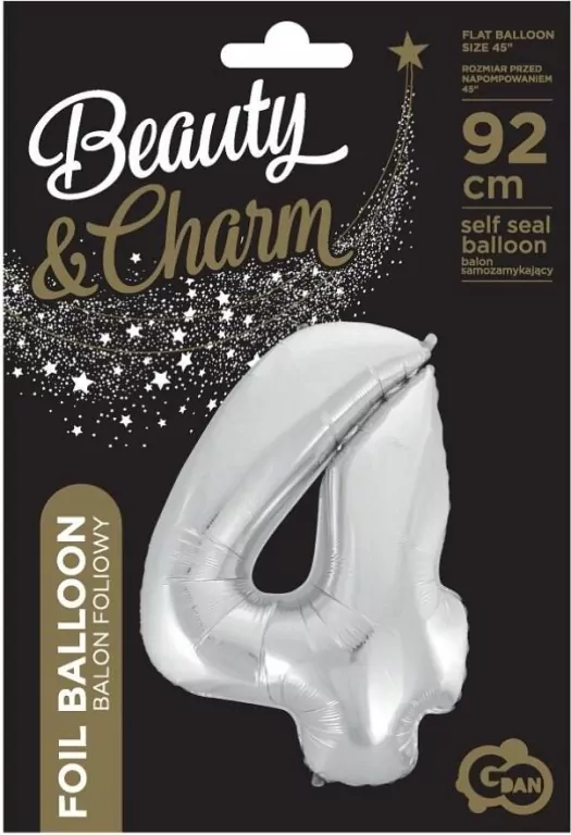 Balon foliowy cyfra 4 Beauty&Charm srebrna 92 cm - tantis.pl
